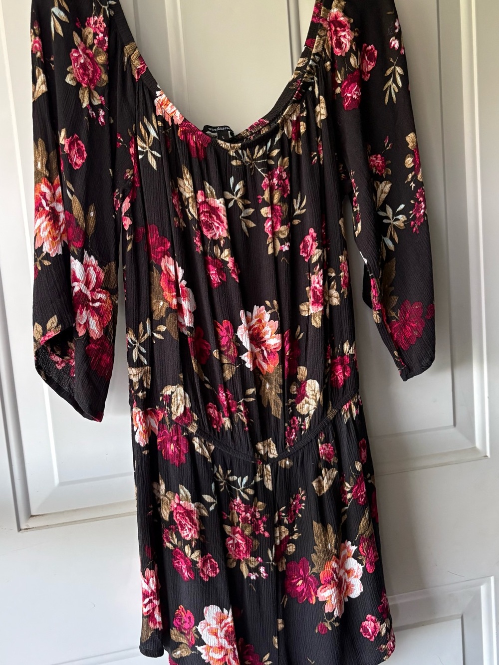 Ambiance Black Floral Off-Shoulder Romper with Pink & Cream Blooms